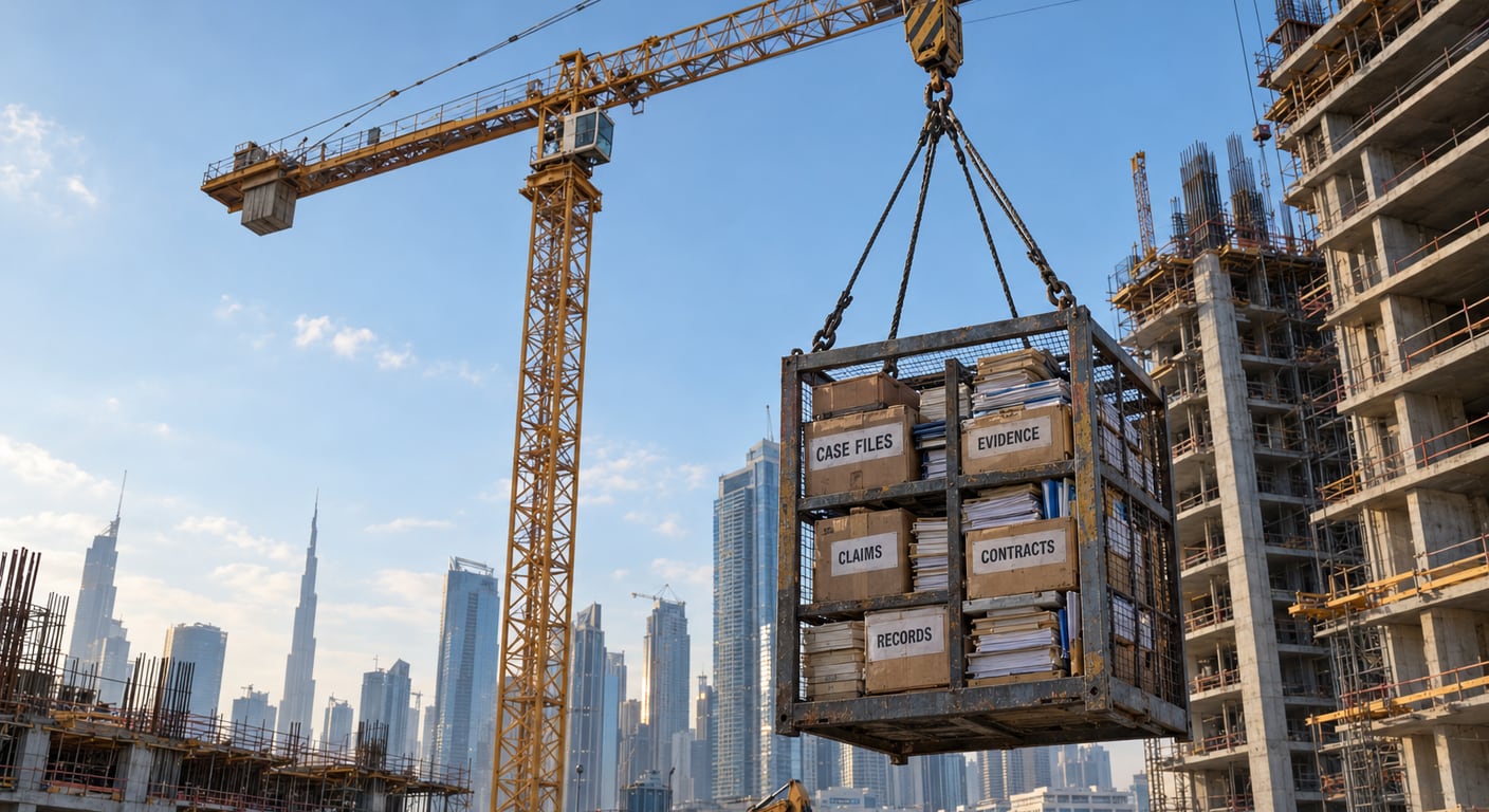 A tower crane hoisting a steel cage of case files over a city construction site